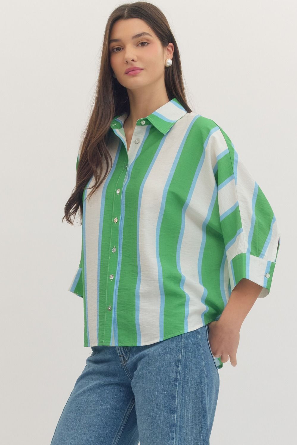 Entro blue, green, & white plus sized striped blouse