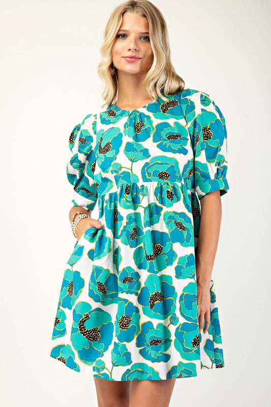 Teal floral mini dress