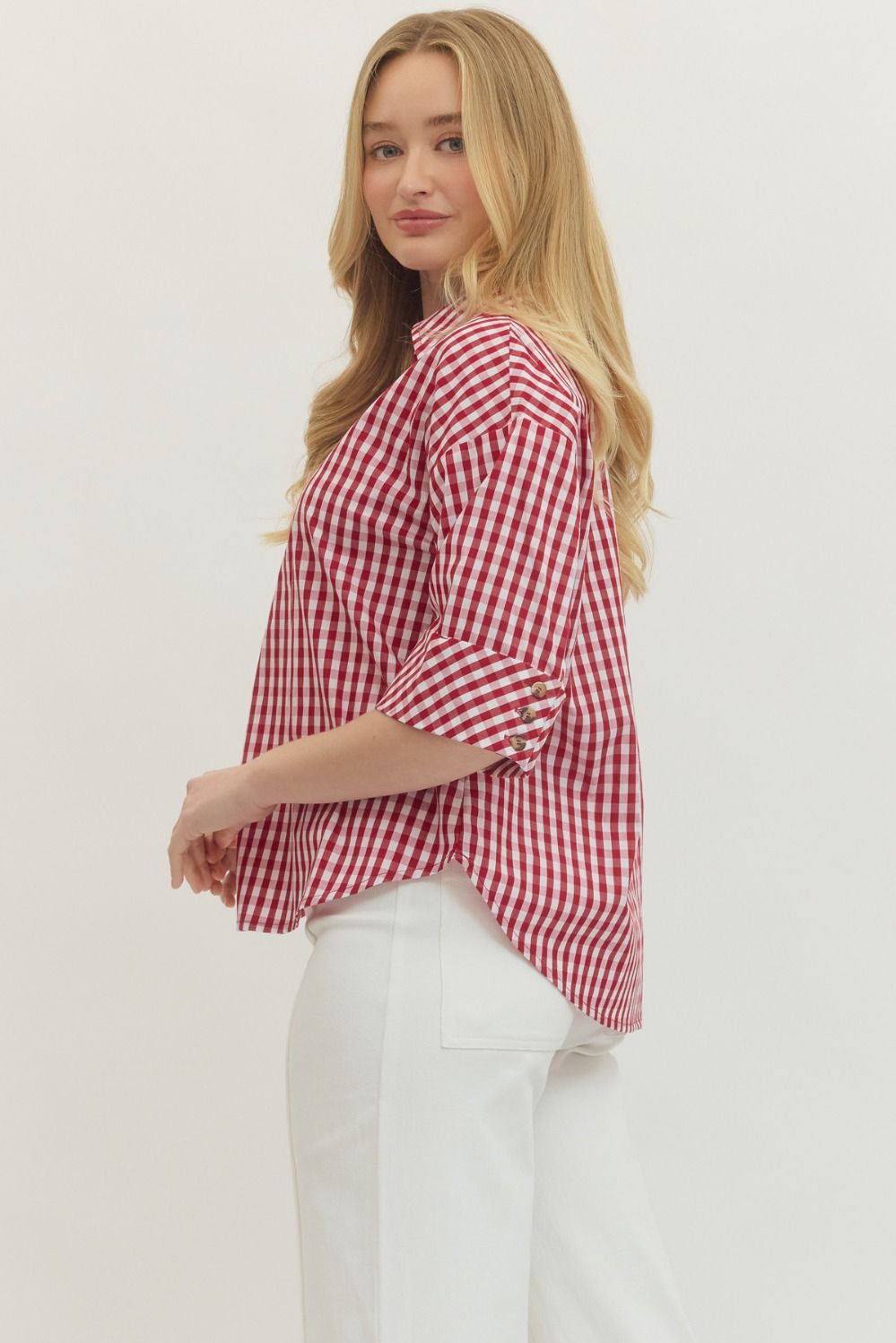 Entro Red Gingham Button Up Women’s Top