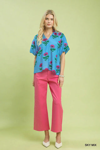 Umgee Bold Blue Floral Print Top