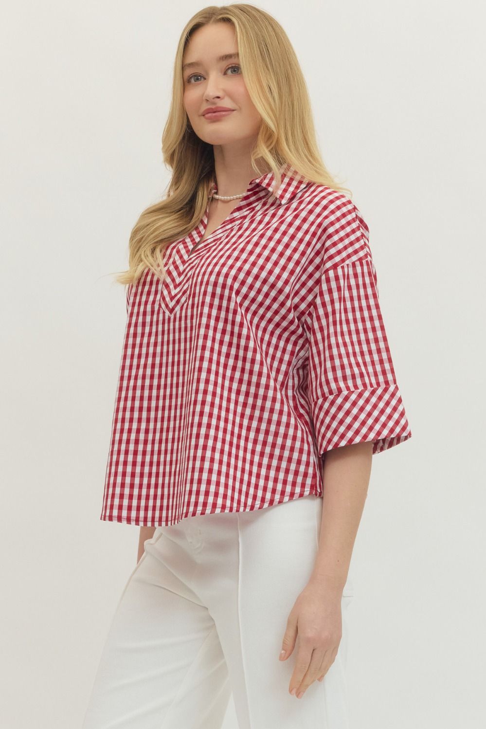 Entro Red Gingham Button Up Women’s Top