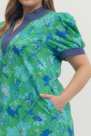 Entro Blue & Green Print Plus Dress