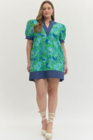 Entro Blue & Green Print Plus Dress