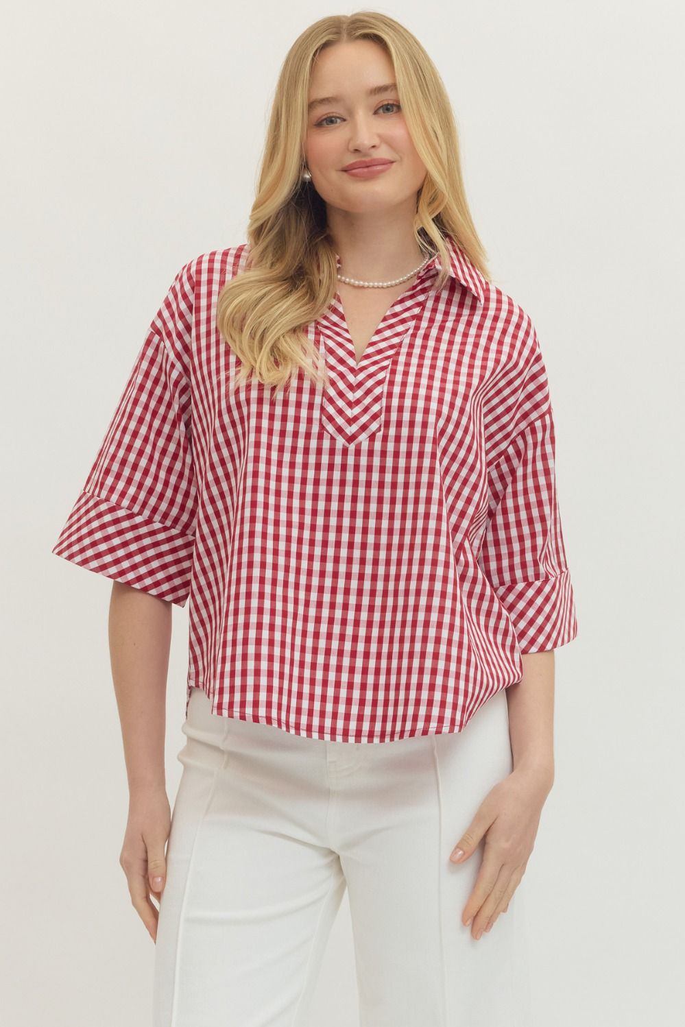Entro Red Gingham Button Up Women’s Top