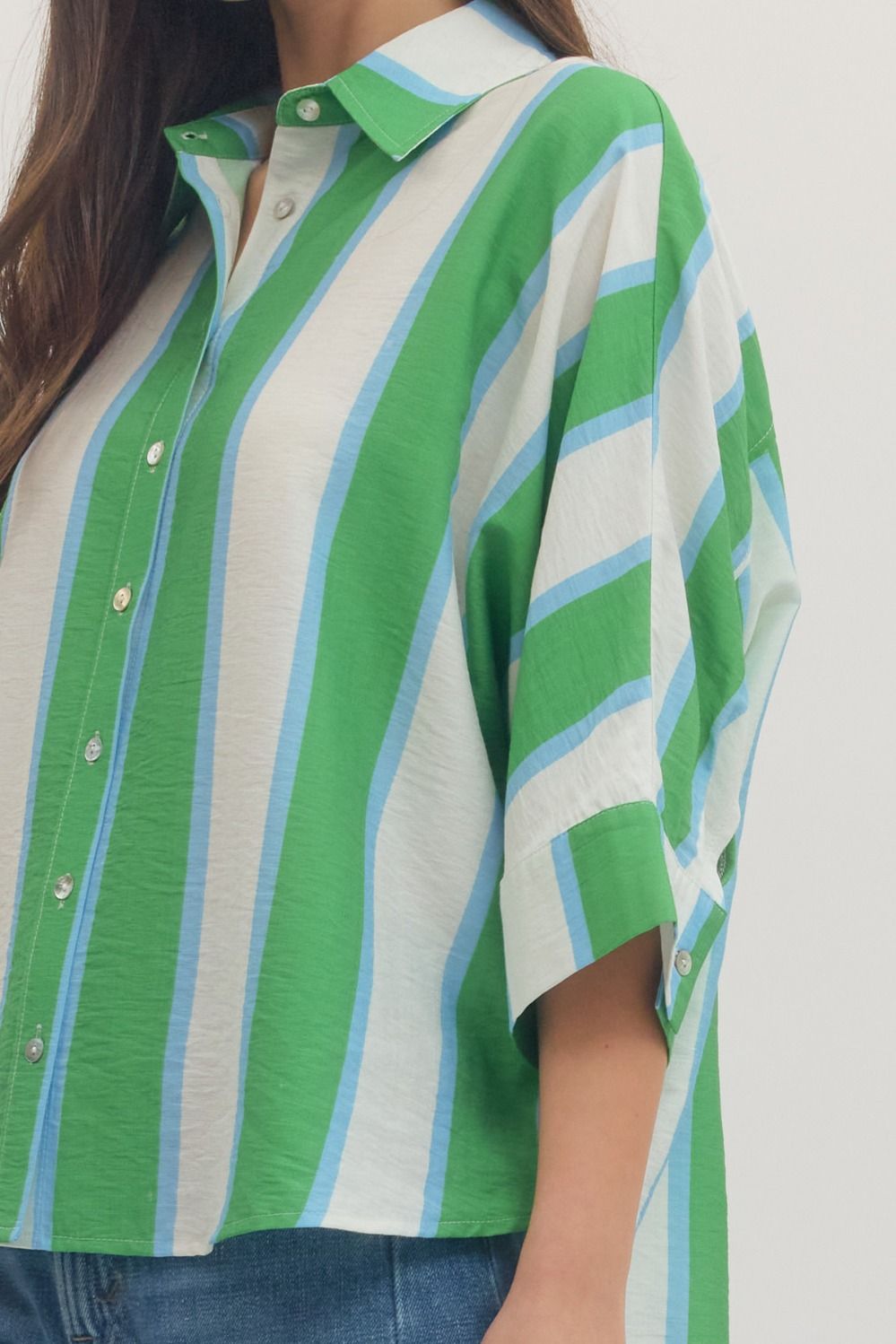 Entro blue, green, & white plus sized striped blouse