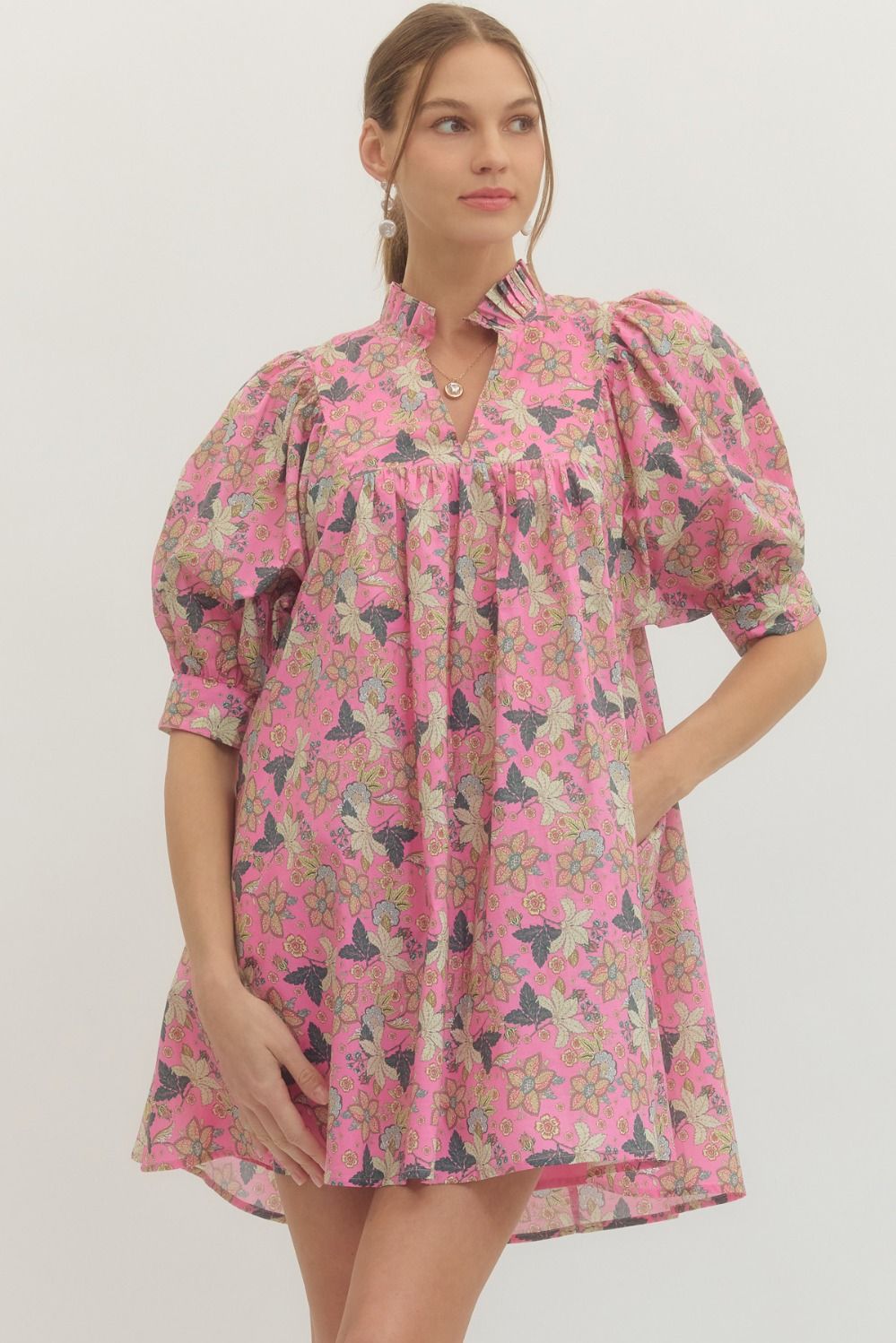Entro Pink Floral Print Mini Dress - Boho Boutique