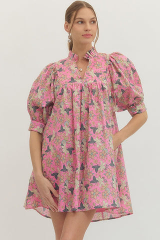 Entro Pink Floral Print Mini Dress - Boho Boutique