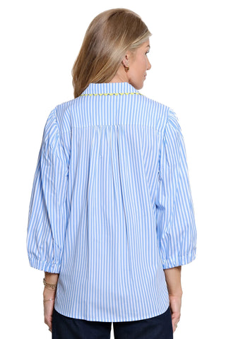 Ali Miles Blue & White Striped Top with Lime Ric Rac