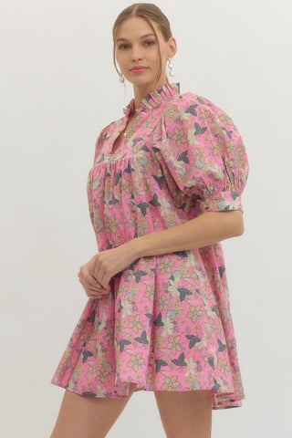Entro Pink Floral Print Mini Dress - Boho Boutique