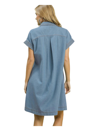 A woman shown from the back wearing a light blue denim shirt dress with short sleeves and a collar, against a plain white background.