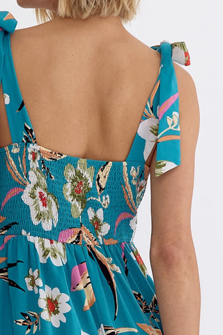 Close-up of an Entro floral sun dress with a back view of smocked back and shoulder ties