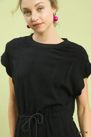 Umgee black linen blend drawstring mini dress