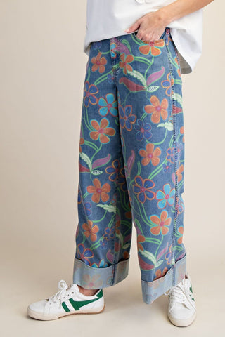 Closeup view of Easel floral wide leg cuffed denim style #Eb90245