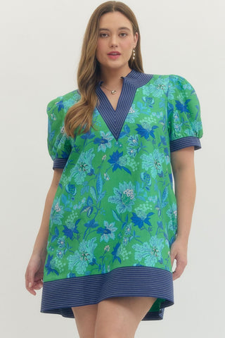 Entro Blue & Green Print Plus Dress