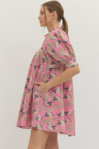 Entro Pink Floral Print Mini Dress - Boho Boutique