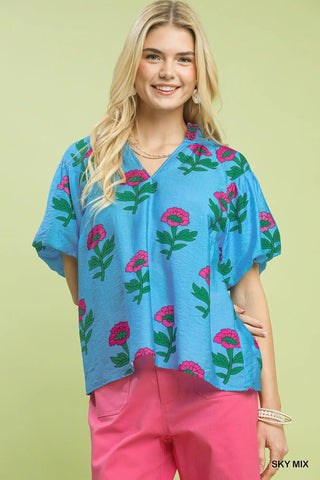 Umgee Bold Blue Floral Print Top