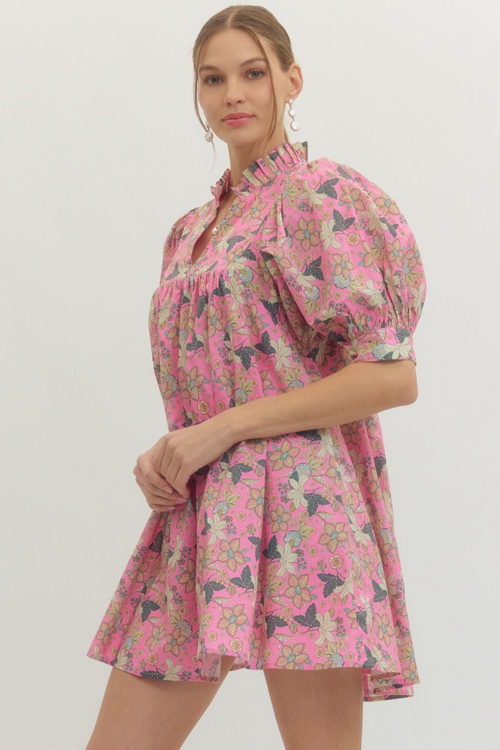 Entro Pink Floral Print Mini Dress - Boho Boutique
