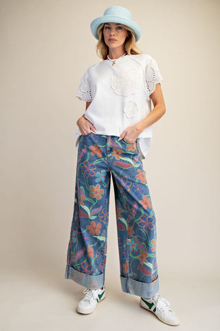 Easel cuffed wide leg floral denim style #EB90245