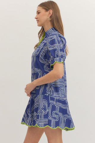 An Entro blue patterned mini dress with green trim boutique 