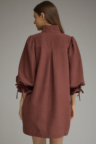 A woman shown from the back wearing a Entro Merlot puff-sleeve shirt dress with tie details at the cuffs, photographed against a neutral gray studio background.