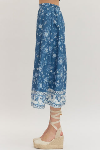 Entro blue and white floral midi skirt with a border print side view