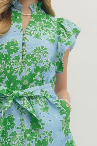 Entro Blue & Green Floral Lace Midi Dress