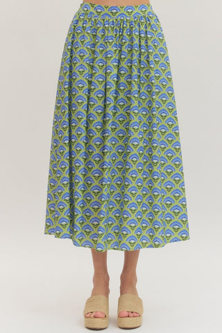Entro boutique brand green skirt with  blue floral pattern midi length 