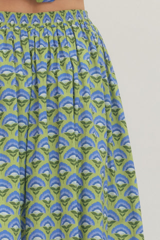 Entro Green and blue floral print midi skirt on a plain backgroundl