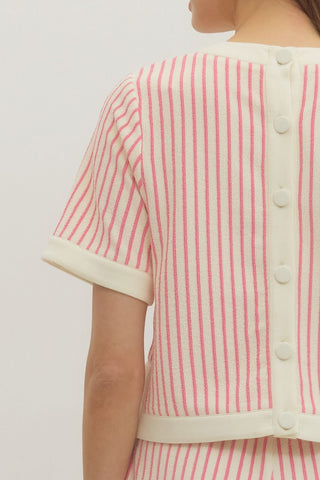Entro light pink and white striped shirt with button up back