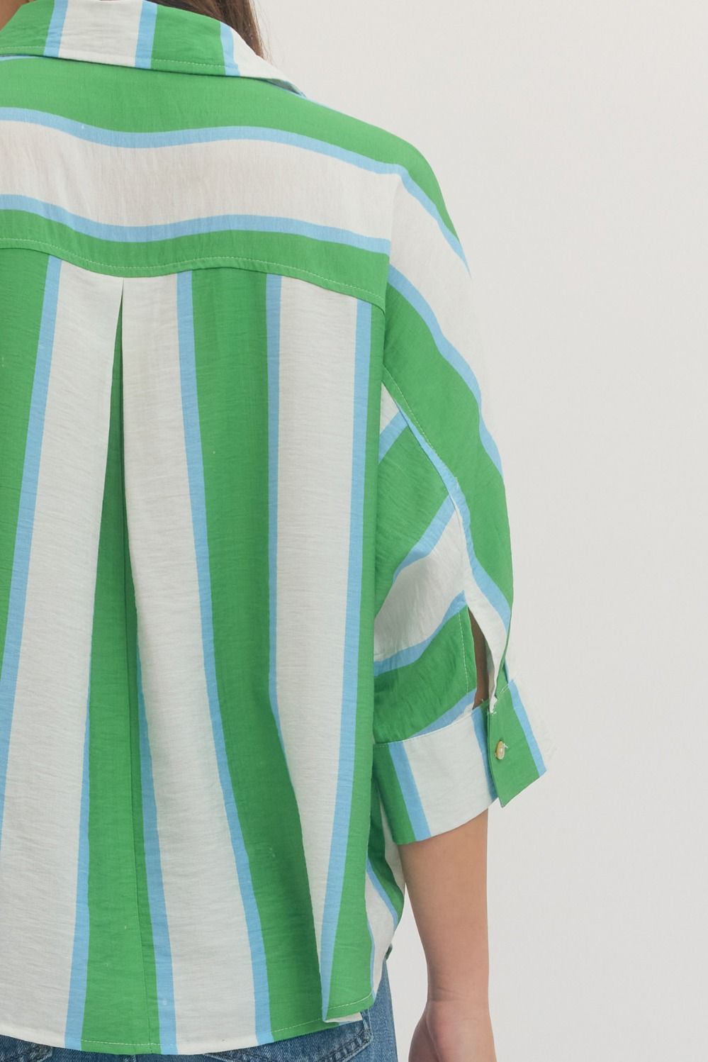 Entro blue, green, & white plus sized striped blouse