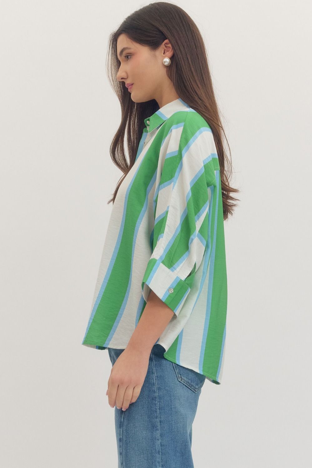 Entro blue, green, & white plus sized striped blouse