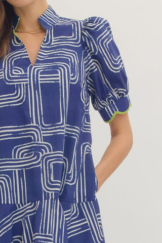 Blue dress with white geometric pattern by Entro D13609 closeup