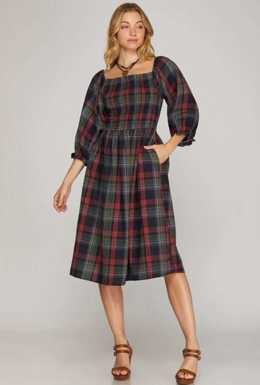 Navy plaid smocked dress