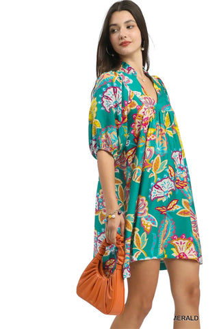 Umgee Emerald Green Print Mini Dress