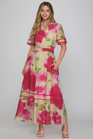She & Sky Pink Smocked Waist Midi Dress