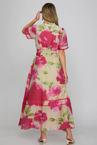 She & Sky Pink Smocked Waist Midi Dress