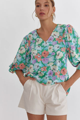 Entro Mint Green Floral Print Women’s Top