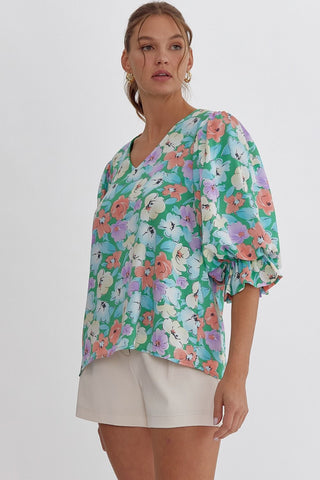 Entro Mint Green Floral Print Women’s Top