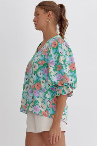 Entro Mint Green Floral Print Women’s Top