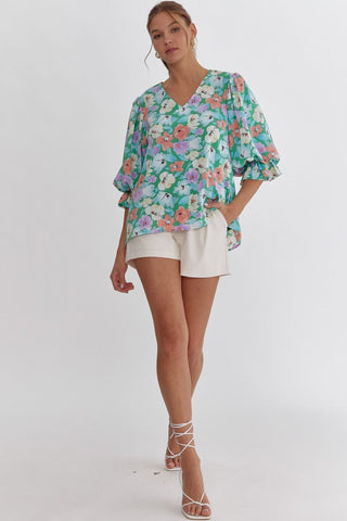 Entro Mint Green Floral Print Women’s Top