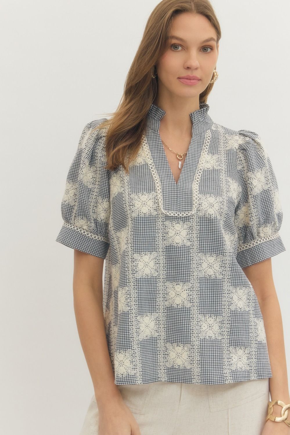 Entro Blue Gingham Lacy EmbroideredTop
