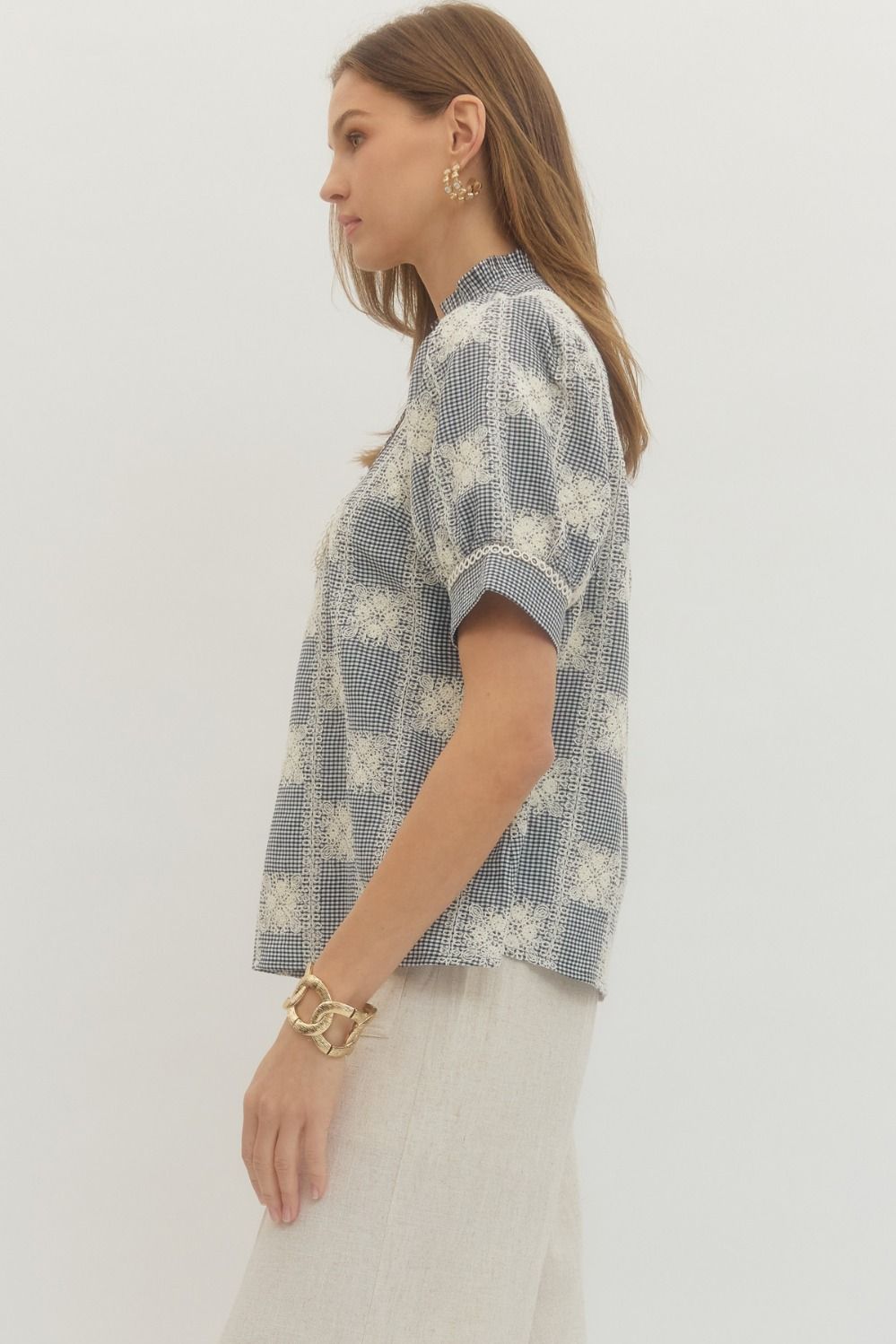 Entro Blue Gingham Lacy EmbroideredTop