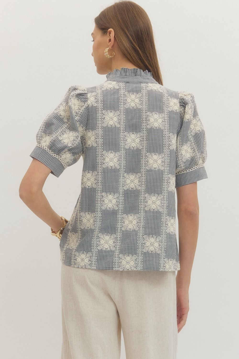 Entro Blue Gingham Lacy EmbroideredTop