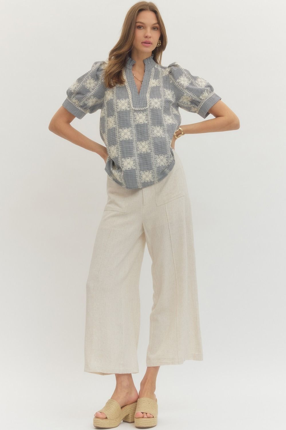 Entro Blue Gingham Lacy EmbroideredTop