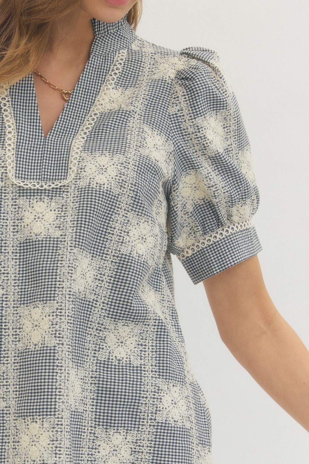 Entro Blue Gingham Lacy EmbroideredTop