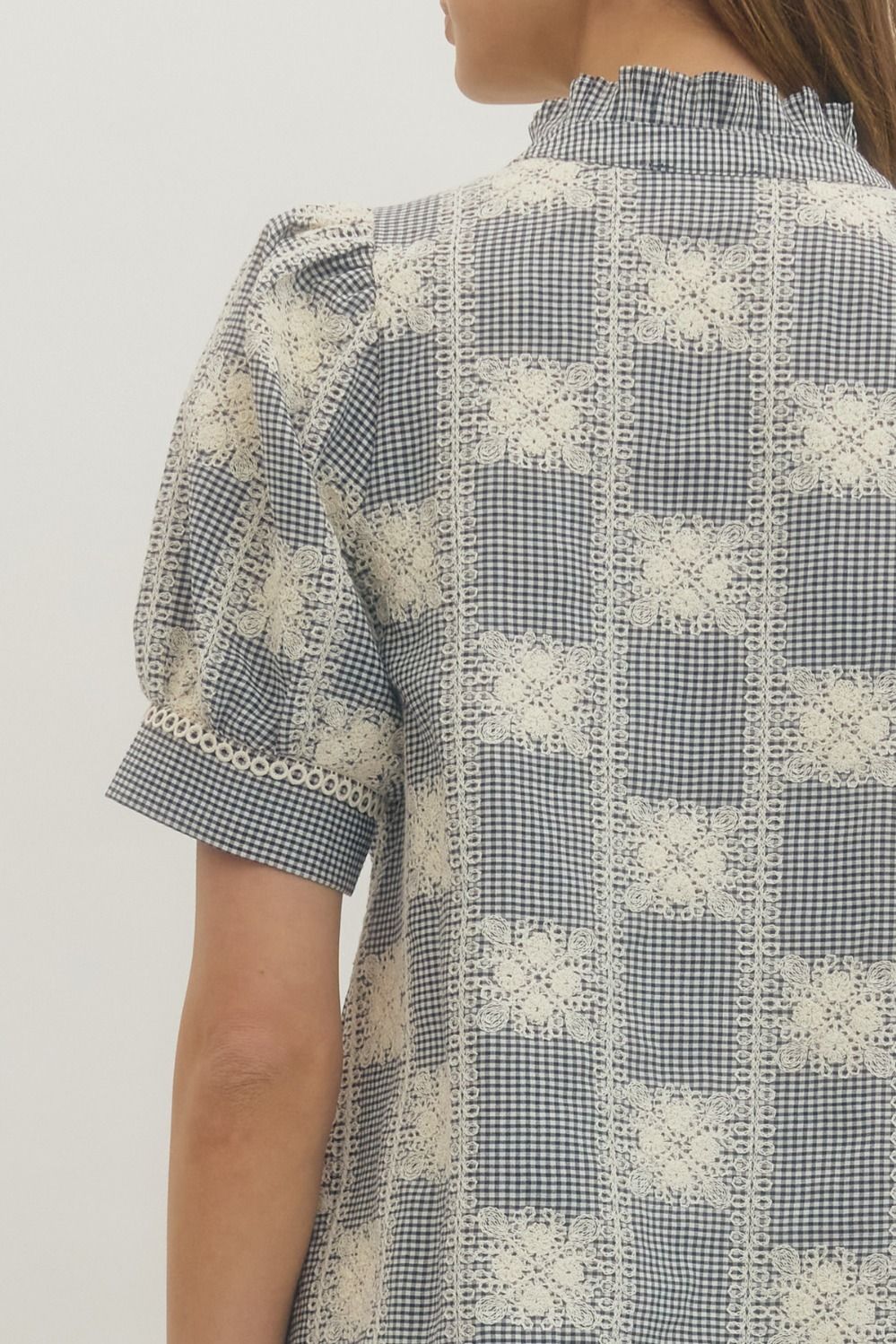 Entro Blue Gingham Lacy EmbroideredTop
