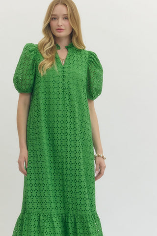 Entro Kelly Green Eyelet Midi Dress