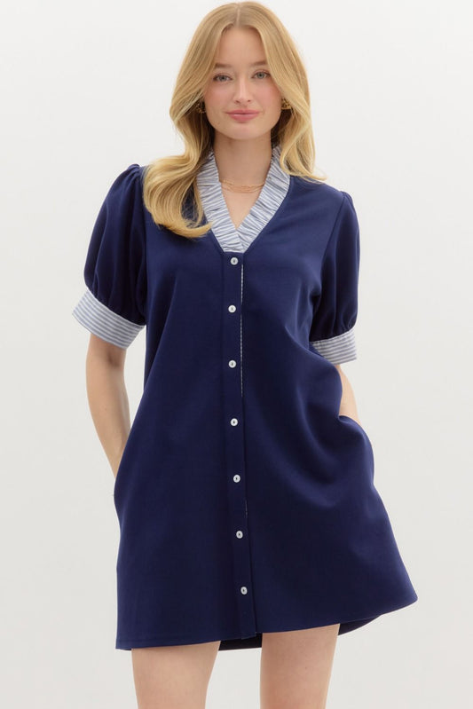 Navy dress with striped collar