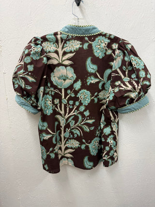 Entro Aqua blue and Brown floral top