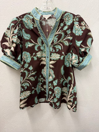 Entro Aqua blue and Brown floral top